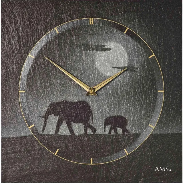 AMS W9597 - Wandklok - Analoog - Natuurlijke Leisteen - Airbrush - Zwart - Grijs - Goudkleurig