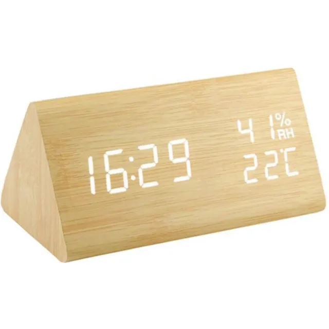 TIN-IN Digitale Tafelklok - Bureauklok met Houtlook - Temperatuur en Luchtvochtigheidsmeter - Licht hout + Witte cijfers - Wekker - Slaapkamer en Bureau