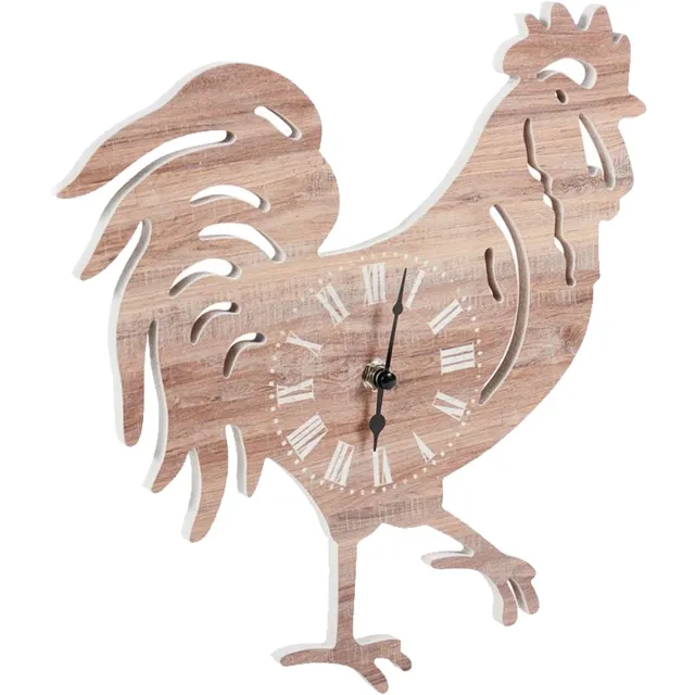 OSTARIA Wandklok/muur klok Rooper - kip/haan - D30 cm - MDF - naturel - woonkamer/keuken