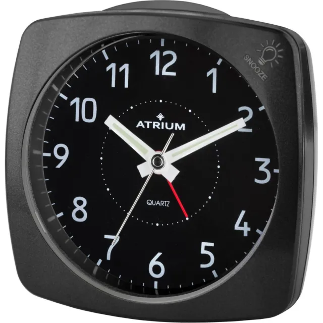 Atrium Wekker - Analoog - Zonder Tikgeluid - Zwart - Opbouwend alarmsignaal - Zachte knipperverlichting tijdens Alarm - Snooze - Glow in the dark wijzers - Grote Knoppen - Quartz Uurwerk - Wekkers Slaapkamers - Klok - A251-7