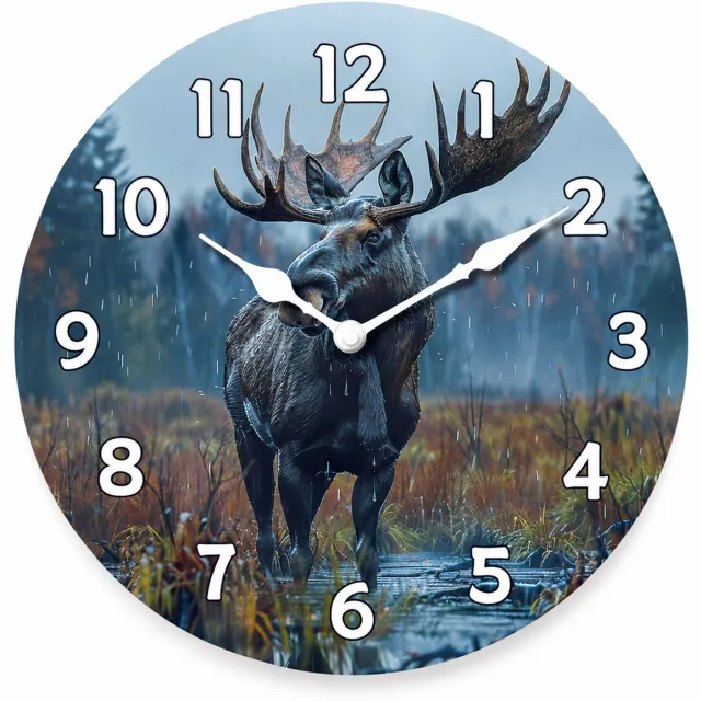 SWGOTA Stille MDF-wandklok met eland in de regen - 12 inch, diameter 29,7 cm - Rond met witte cijfers en wijzers Multicolour