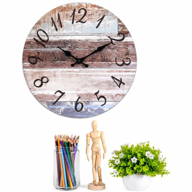 SWGOTA Ronde MDF-wandklok 14 inch met retro houtprint, cijfers en zwarte wijzers, stil uurwerk voor de woonkamer Wit