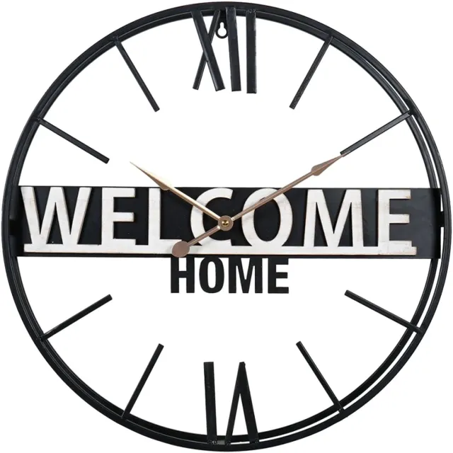 OSTARIA Wandklok/muur klok - D50 cm - welcome home - metaal - zwart - keuken/kamer