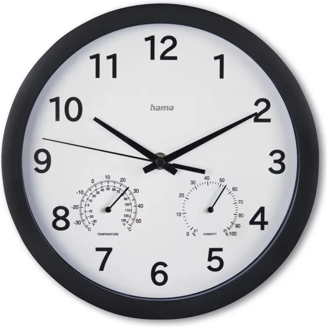 Hama wandklok- Malta- Geluidsarm - thermo-/hygrometer- Zwart Black