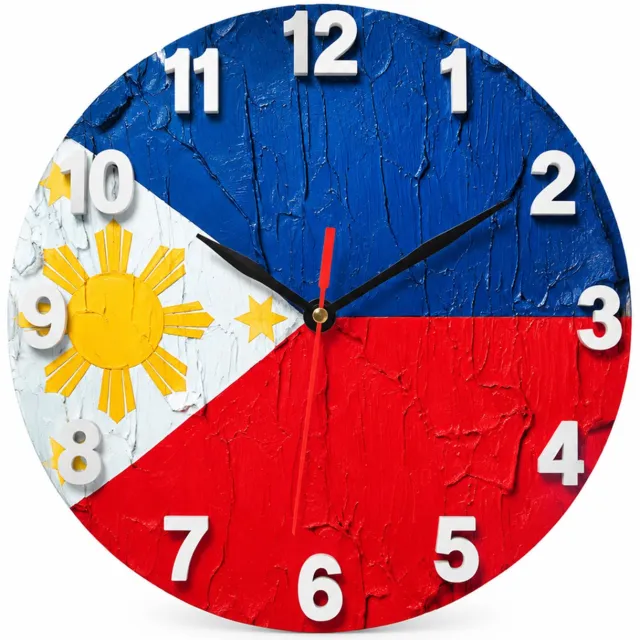 SWGOTA Houten wandklok 20 cm met Filipijnse vlag, rond model met stil uurwerk en cijferwijzerplaat Blauw