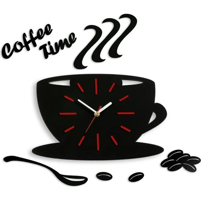 mandee.nl COFFIE TIME 3D Design Klok voor Keuken RODE Strepen - Wandklok- Moderne Klok - Wanddecoratie - Home & Living Design Wand Decor 64 x 43 cm zwart