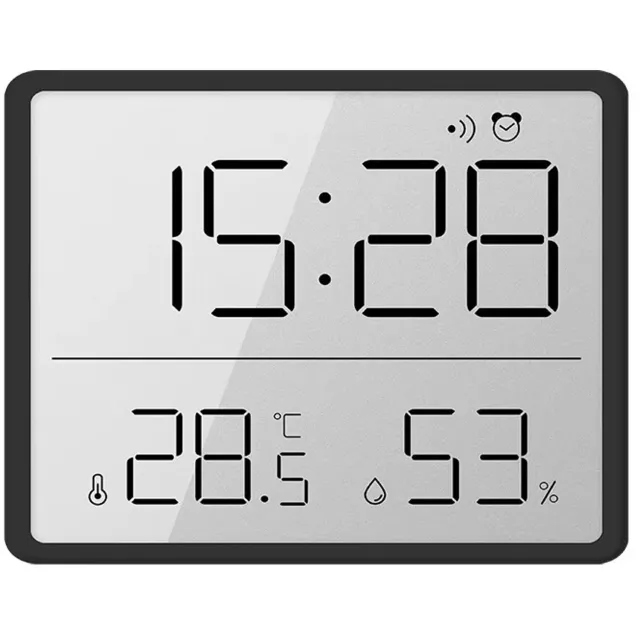 Flintry Digitale Wandklok met Groot Display, Datum & Temperatuur Vochtigheidssensor, Perfect voor Thuis en Kantoor, Op Batterijen – LCD Wekker, Multifunctionele Thermometer Hygrometer Zwart