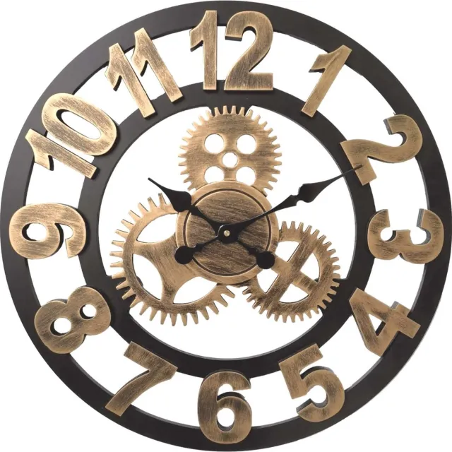 HomeShopXL HSXL Wandklok Industrieel - 60 cm - Stil Quartz uurwerk - Zwart / Goud Hout - Zwarte Wijzers - Cijfers