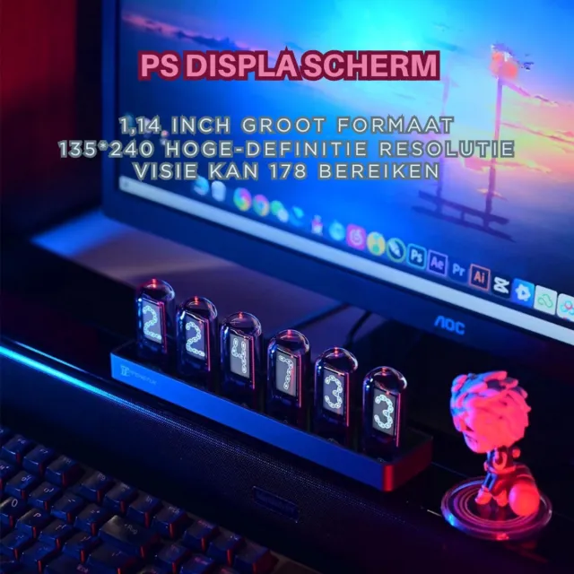 Thuys Tube Clock Met Glow Tube – IPS Kleurenscherm – Digitale Klok Met WiFi – Analoge En Digitale Tijdweergave Zwart