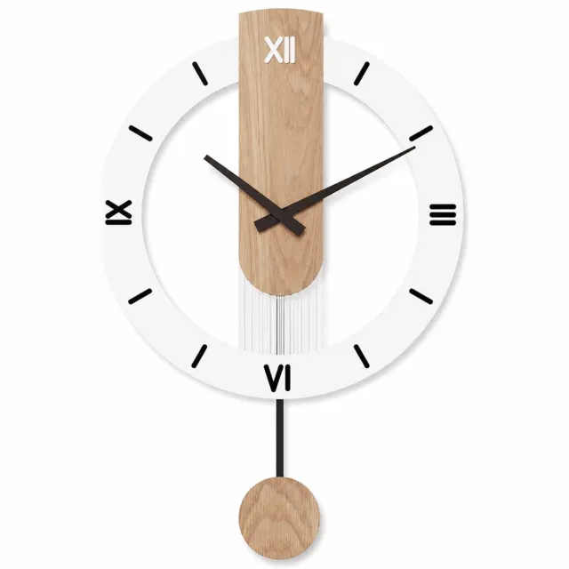 Famanu Wandklok van hout met slinger, grote geluidloze wandklok van 40 x 55 cm, ideaal voor wanddecoratie in de woonkamer Naturel