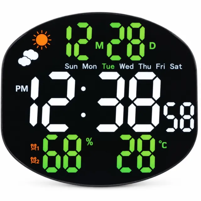 SWGOTA Digitale LED-wand- en tafelklok, 26,8 x 24,3 x 4 cm, met datum, temperatuur en luchtvochtigheid, groen-witte cijferweergave Zwart