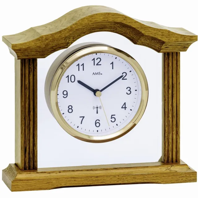 AMS F5139/4 - Tafelklok - Wandklok - Analoog - Overig - Massief houten kast - Eiken gelakt - Bedrukt Mineraalglas - Radiogestuurde tijdsaanduiding - Cijfers - LichtBruin - Transparant - Goudkleurig - Wit
