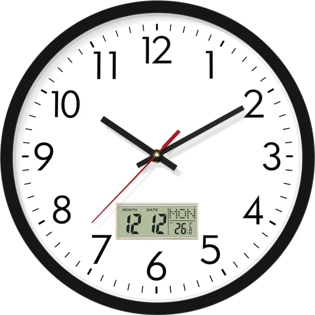 carmdering Wandklok 32 cm - Stille Analoge Wandklok met Digitaal LCD Display - Temperatuurweergave, Kalender & Dag van de Week - Geruisloos Quartz Uurwerk - Zwart