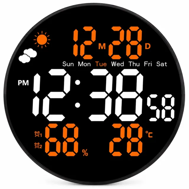 SWGOTA wekker met digitaal LED-display - maand, datum, weekdag, temperatuur en luchtvochtigheid - staand of hangend - oranje uitvoering - bedrukte doos