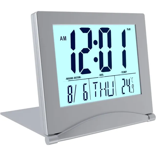 aura Dementieklok – Digitale Klok met Alarmfunctie – Kalenderklok met Digitale Wekker - Met Datum en Temperatuurmeter - Zilver- 9cm x 4cm x 8cm Zwart