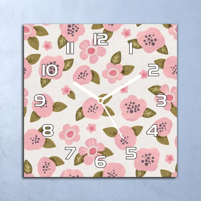 Coloray Wandklok - Roze bloemen Glazen Wandklok - 30x30 cm - Roze Wandklok - Wandklok Vierkant - Wandklok Scandinavisch - Wandklokken Woonkamer - Stille Wandklok Roze - Roze bloemen - Witte Handen