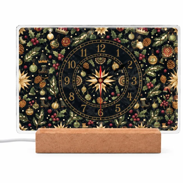 SWGOTA Verlichte analoge tafelklok 20 x 13 cm met kerstmotief, zwarte achtergrond, goudkleurige cijfers en voet