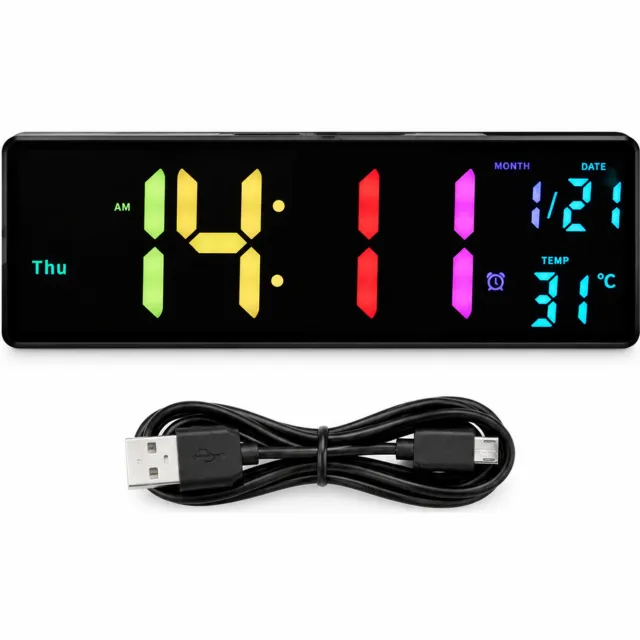 SWGOTA Digitale LED-wandklok met grote kleurverloopcijfers, datum, weekdag en temperatuur - zwart