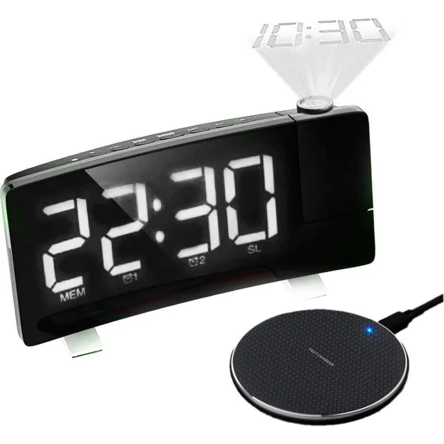 Slinks Eska Wekkerradio met projectie - draadloze oplader – Projectiewekker - USB - Wit - wireless charger