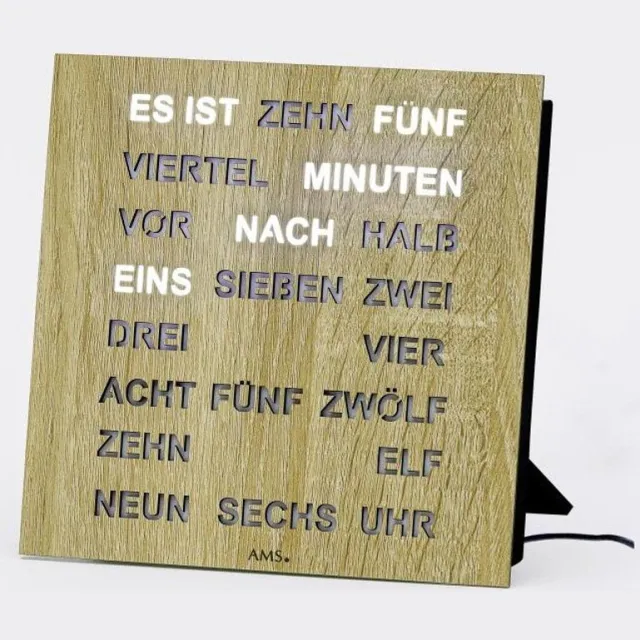 AMS tafelklok 1234 woordklok 20x20cm met Duitse tekst Bruin