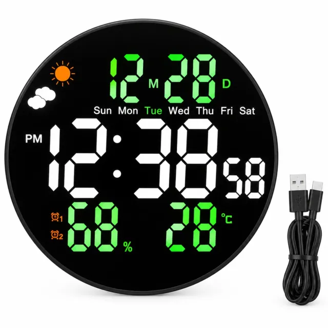 SWGOTA Digitale LED-wandklok met groene displayaccenten, tijd met seconden, datum, weekdag, temperatuur en luchtvochtigheid, 29,8 mm dik