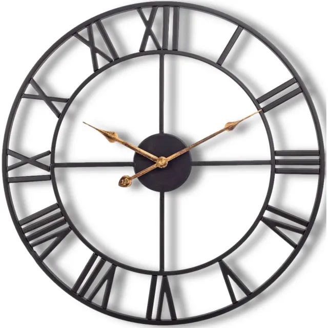 HomeShopXL HSXL Wandklok Industrieel - 60 cm - Stil Quartz uurwerk - Zwart Metaal - Gouden Wijzers - Romeinse Cijfers