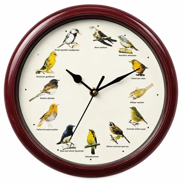 SWGOTA Wandklok met 12 vogelgeluiden, diameter 25 cm, roodbruin rond frame, Russische wijzerplaat en stille nachtmodus