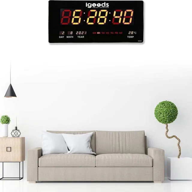Igoods LED kalenderklok - digitale LED cijferklok - muurhangende eeuwigdurende kalenderklok voor thuis slaapkamer en kantoor - 100-240V - EU Plug ZWART
