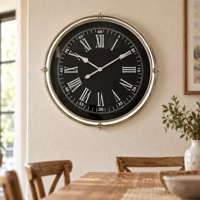 Hoppa! Ronde wandklok met Romeinse cijfers - Zwart/Chroom - 5 x 88 x 88 cm (B x D x H)