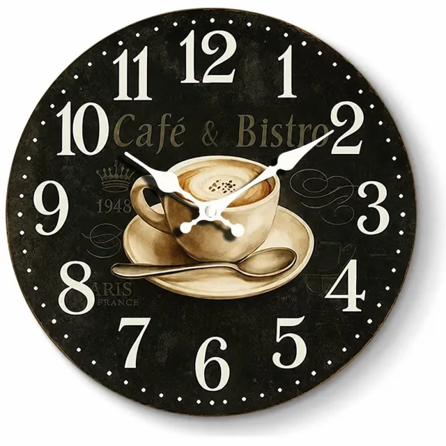 PolkaHome Vintage Wandklok Café & Bistro – 30 CM – Stille Quartz Klok Zonder Tikken – Ronde Koffie Wanddecoratie – Voor Keuken & Woonkamer Zwart