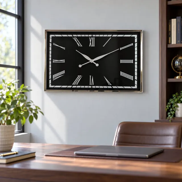 Hoppa! Vierkante wandklok met Romeinse cijfers - Zwart/Chroom - 5 x 61 x 41 cm (B x D x H)