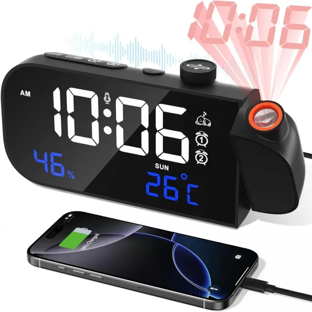 carmdering Digitale Wekkerradio met Projectie - Met Spraakbesturing, FM, Temperatuur & Luchtvochtigheid – Dimbaar LED Display & Dubbele Alarmfunctie - Wekkers Digitaal - Wekker met Projectie op Plafond - Projectiewekker - Projectieklok Zwart