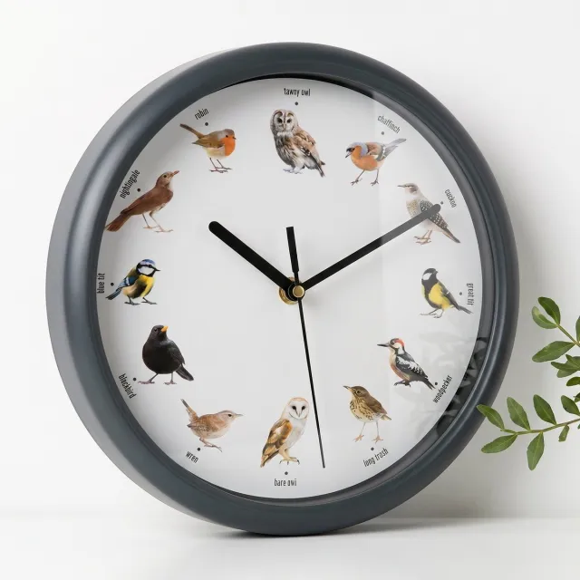 Cheqo Wandklok met Vogelgeluiden - Vogelklok - Klok met Vogelgeluiden - Birdsong Clock - Klok met Geluid - Vogelmelodie - Dierenklok - Kinderklok - Klok voor Vogelliefhebbers - Muurklok - Zwart
