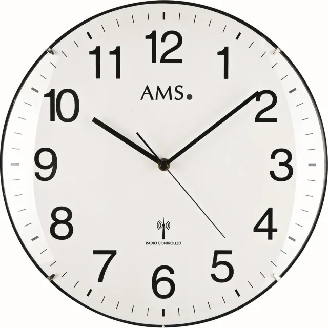 AMS F5960 - Wandklok - Analoog - Rond - Radiogestuurde tijdsaanduiding - Kunststof - Mineraal Glas - Ø32 cm - Zwart - Wit