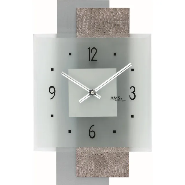 AMS W9443 – Wandklok, Quartz – Hout – Glas – 36x22x5 cm – Kunstleder design/grijs