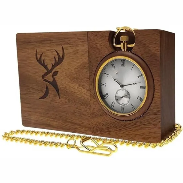 Thuys 2 – In – 1 Handgemaakt Zakhorloge En Tafelklok – Ecologisch Natuurhout – Zakhorloge Met Ketting – Bruin Goud Zilver
