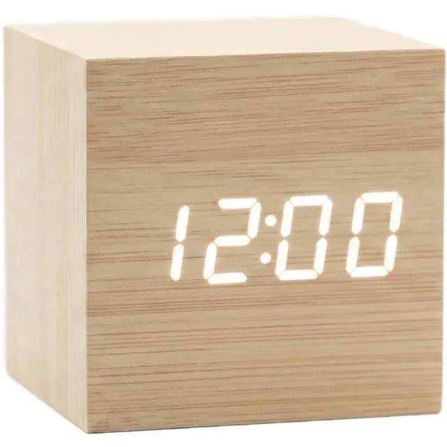 TIN-IN Digitale Tafelklok - Bureauklok met Houtlook- Wooden look - Licht hout + Witte cijfers - Wekker - Slaapkamer en Bureau