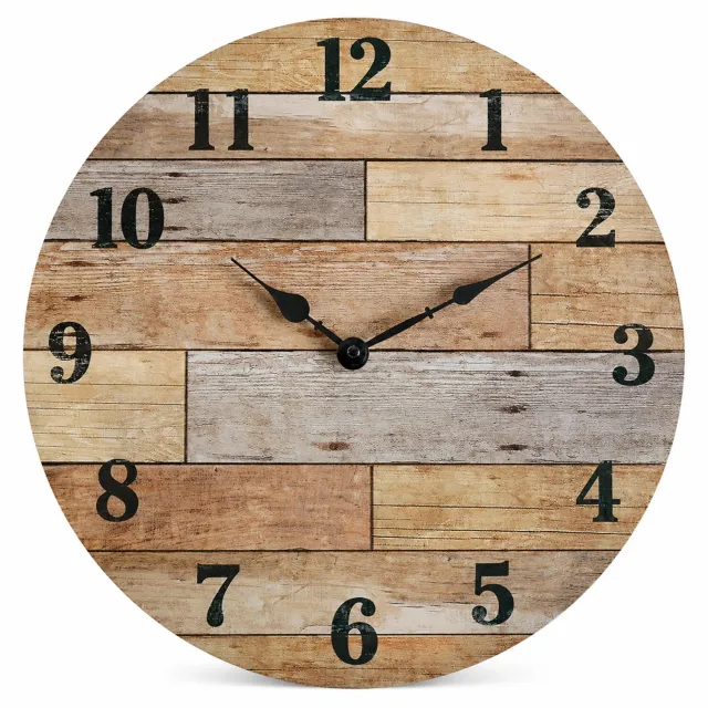 SWGOTA Ronde MDF-wandklok 14 inch met vintage houtlook, zwarte cijfers en wijzers, stil uurwerk Bruin