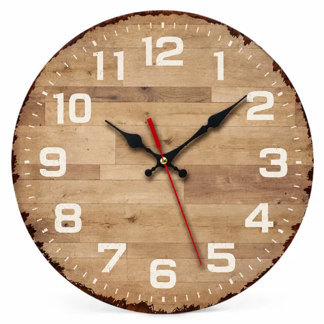 SWGOTA Ronde MDF wandklok 14 inch - Houtlook, witte cijfers, zwarte wijzers en rode secondewijzer - Stil uurwerk Bruin
