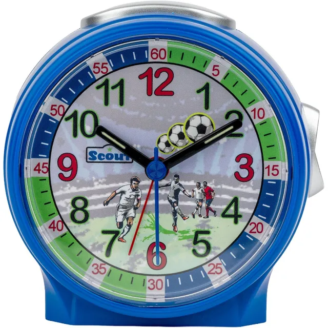 SCOUT Wecker analog mit blauem Gehäuse, buntem Lernziffernblatt und Fussball-Motiven