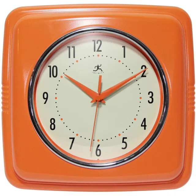 Infinity Instruments Vierkante Stille Retro Wandklok, 9" Mid-Century Modern Keuken Eetkamer Retro Wandklok, Quartz Uurwerk (Oranje)