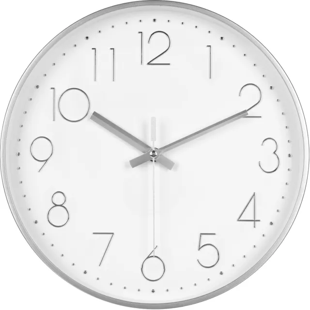 IvoQ Moderne Wandklok 30 cm - 3D Muurklok met Stil Uurwerk - Analoog - Zilver/Wit