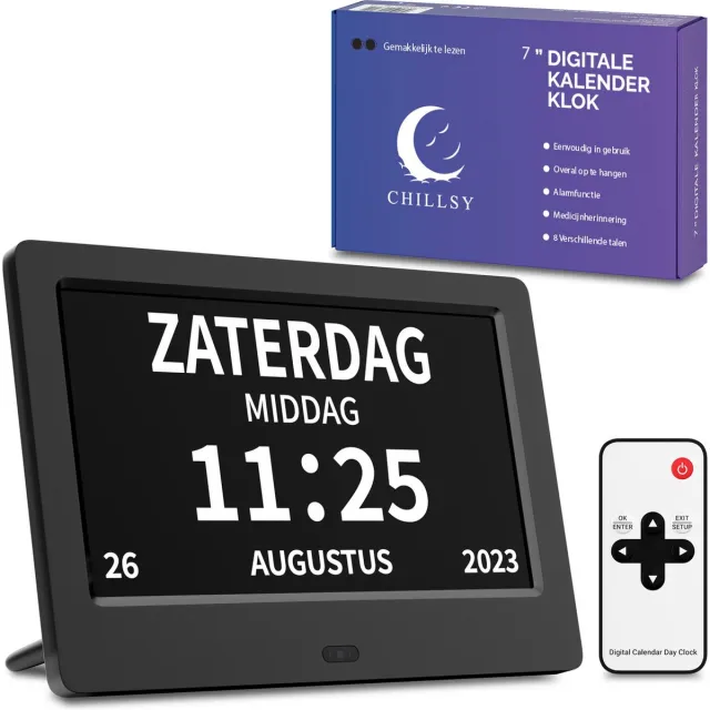 Chillsy Digitale Dementieklok - Kalenderklok voor Ouderen - Alarmfunctie - 7 Inch - Alzheimer Zwart