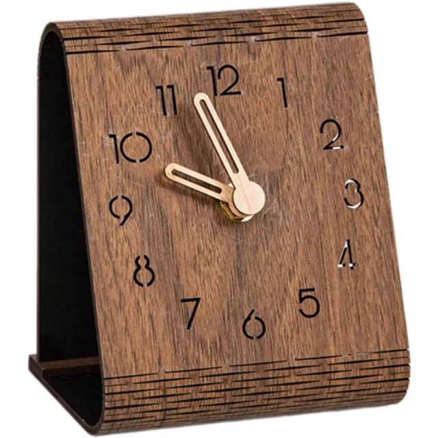 SKIEHAN Kleine tafelklok - Stille houten tafelklok - 11*13.5*8.5 cm - Analoge bureauklok met hoogwaardig kwartsuurwerk - Geluidsarme klok zonder storend tikgeluid - Decoratieve houten klok met natuurlijke houtnerf Bruin