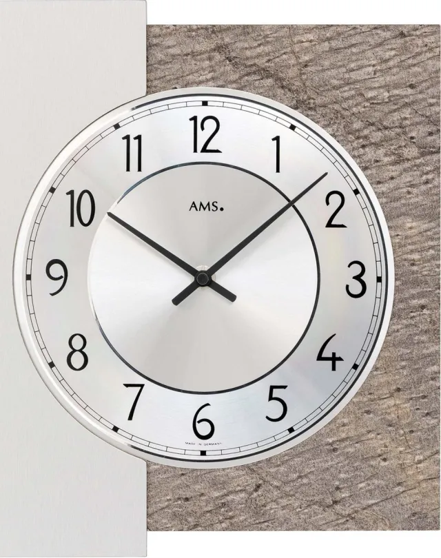 AMS 9580 Wandklok Natuursteen op hout en Aluminium Zilverkleurig