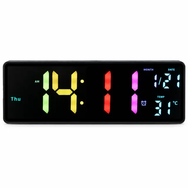 SWGOTA Digitale LED-wandklok met kleurverloop - Zwarte rechthoekige klok met tijd, datum, weekdag en temperatuur