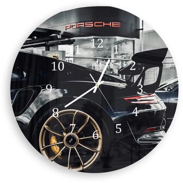 Mydesignglas Grote Glazen Wandklok XXL - Wandklok Rond 60cm - Gehard Glas - Porsche GT3 RS Wit - Stille Klok voor Woonkamer & Keuken - Modern Design