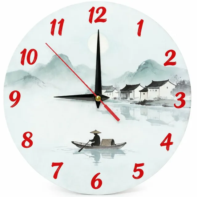 SWGOTA Ronde wandklok van acryl 20 cm met Chinees inktlandschap en vissersboot, rode cijfers en wijzers Zwart