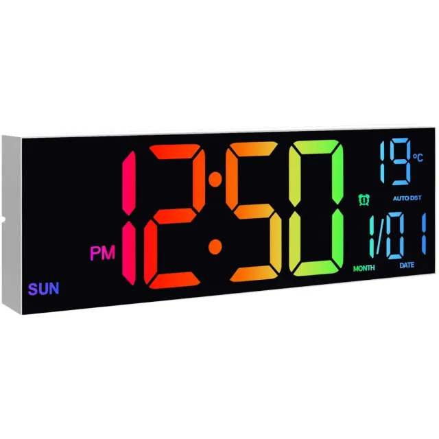 Stervia Digitale Wandklok - Digitale Klok - LED Display - 9 Kleuren - Temperatuurweergave - Zwart - 38.1 x 4 x 12.7 cm