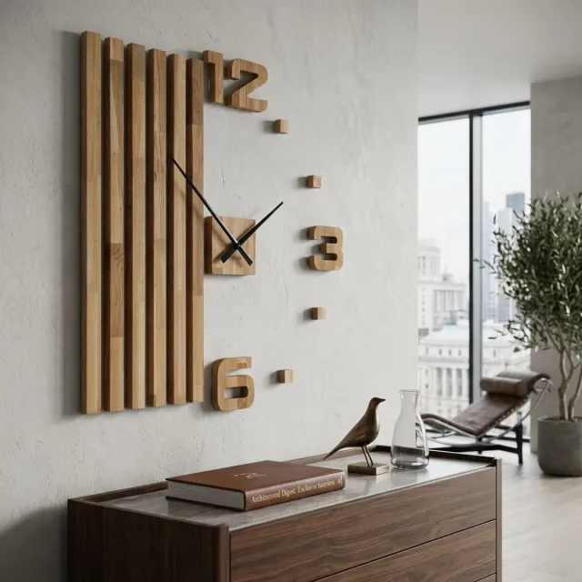 Famanu 3D wandklok van hout, doe-het-zelf ontwerp, grote wandklok van 100 cm, modern voor kantoor en thuis Naturel